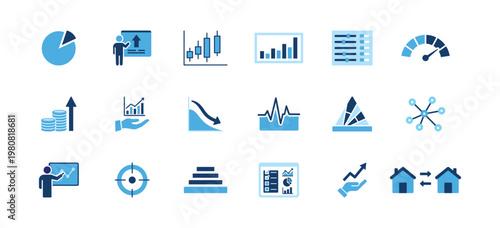 Business and finance icons showcasing various elements like pie charts, growth graphs, financial analysis, investment strategies, and market trends.