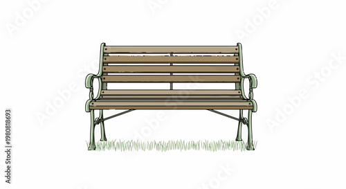 A quaint, wooden slatted park bench with ornate green metal legs sits on a patch of grass
