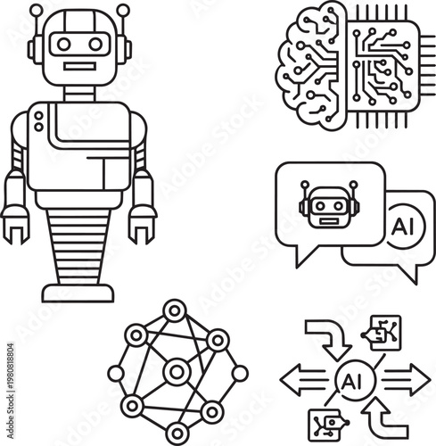 Set of artificial intelligence and machine learning line icons