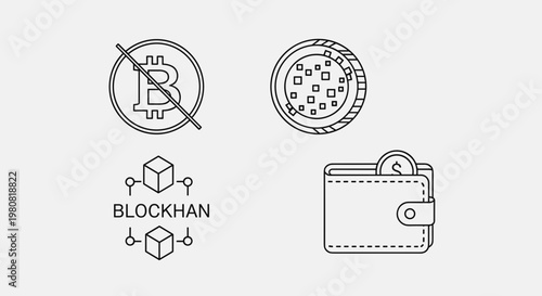 Cryptocurrency wallet and blockchain icons.