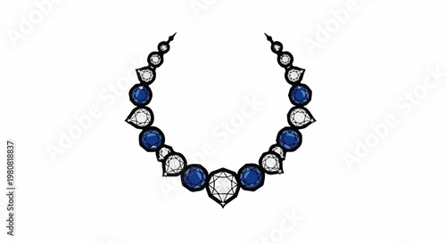 A semicircular necklace with alternating blue and white gemstones on a white background