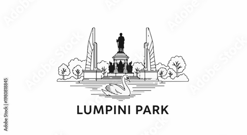 A sketch of a statue and monuments beside a serene lake with a swan