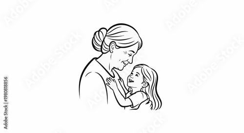 A loving black and white drawing of a grandmother and granddaughter embracing