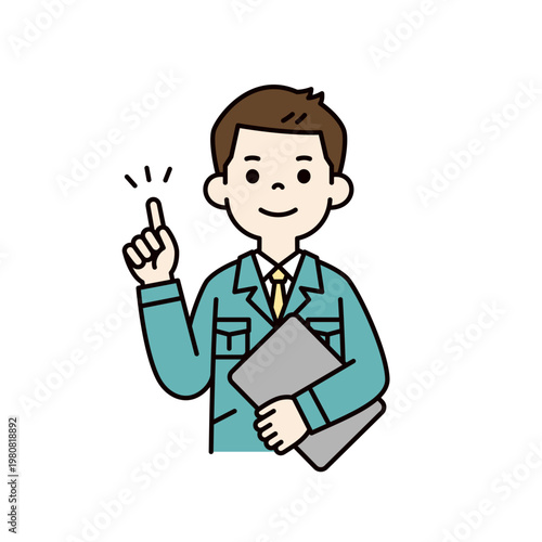 パソコンを持ってポイントを説明する、作業服を着た若い男性社員の上半身ベクターイラスト素材