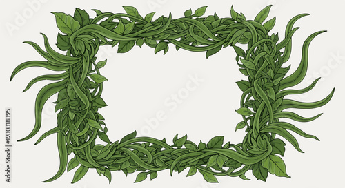 A rectangular frame of intertwined green vines and leaves forms an organic border