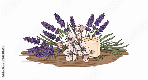 A serene composition featuring lavender, delicate flowers, and a lit candle
