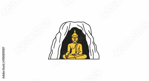 A serene golden Buddha figure sits cross-legged within a stylized cave entrance