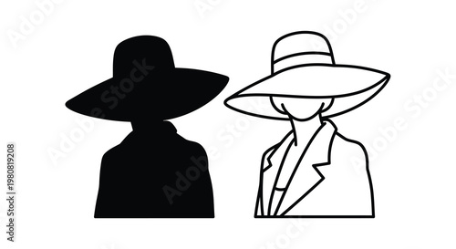 Two contrasting line art depictions of women wearing wide brimmed hats