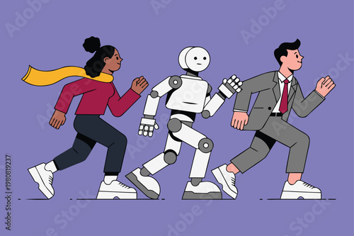 People and a robot are running together in a dynamic illustration