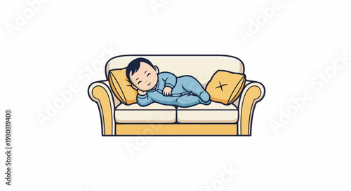 A peacefully sleeping infant rests on a cozy sofa with yellow pillows
