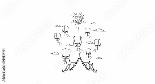 A sketch of sky lanterns ascending above ornate temple roof and fireworks