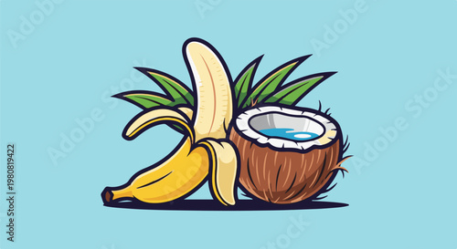 A peeled banana and a halved coconut sit on a blue background