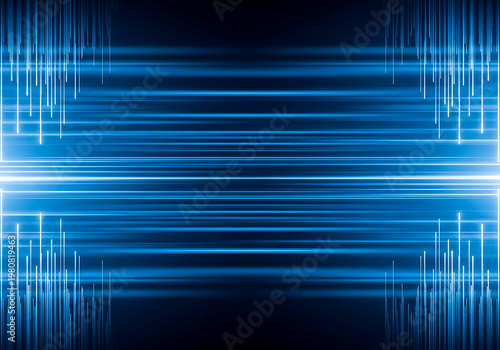 Abstract digital background featuring blue glowing horizontal light streaks and vertical sound wave patterns for technology design