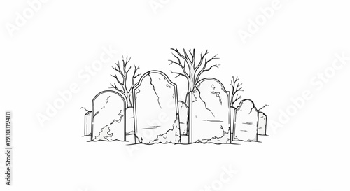 A sketch of weathered tombstones with bare trees in a cemetery setting