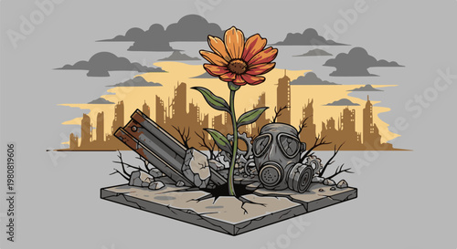 A lone orange flower blooms amid urban ruins and a gas mask