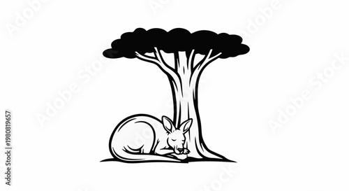 A sleeping kangaroo rests beneath a large, shady tree