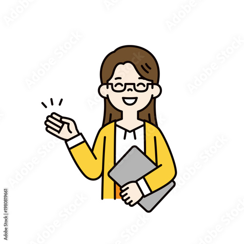 パソコンを持って笑顔で紹介・説明する、若い女性・会社員・OLの上半身ベクターイラスト素材