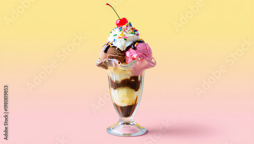 Foto Triple scoop ice cream sundae with toppings and cherry on gradient background, w