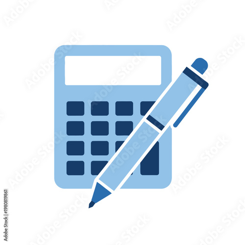 Calculator with pen vector icon, graphic illustration of financial tool and writing instrument, concept of accounting, education, or business.