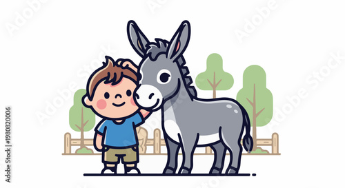 A smiling child pets a friendly donkey in a cartoon farmyard setting