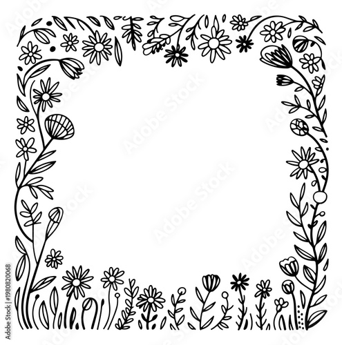 Botanical floral sketch with doodled wild flowers