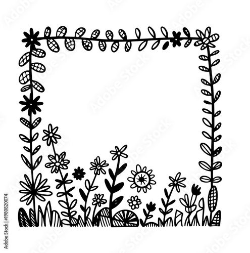 Botanical floral sketch with doodled wild flowers