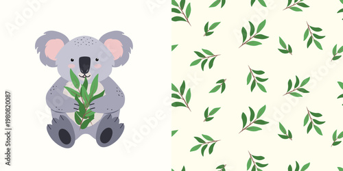 Cute koala eats eucalyptus leaves. Seamless pattern with green leaves. Vector illustration set of clip art and endless background.
