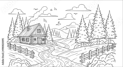 Cozy rustic countryside landscape coloring page with wooden cabin pine trees and hills line art