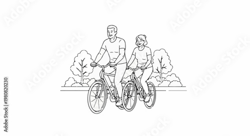 A smiling couple cycles together through a park with trees and bushes