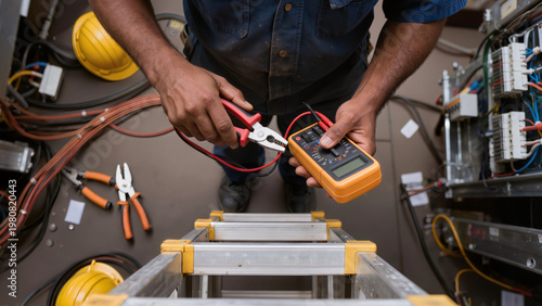 Obraz na płótnie A technician holds a yellow multimeter