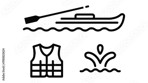 Outdoor Aquatic Symbols: A collection of simple, yet impactful vector illustrations depicting an adventurous aquatic theme. Includes a kayak with paddle, a life vest, and water splash.