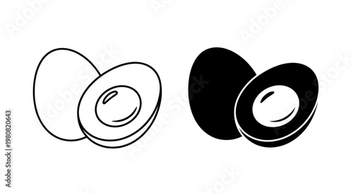 Two avocados, one whole and one halved, depicted in both line art and solid black silhouette styles