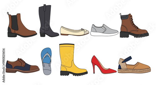 Collection of various footwear styles including boots, flats, sneakers, flip-flops, heels, and casual shoes