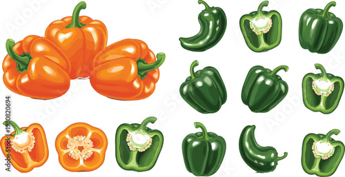 Bell Pepper Vegetable Set with Whole and Sliced Capsicum Illustrations, Fresh Organic Food Collection for Cooking, Nutrition, Grocery, and Healthy Lifestyle Design Projects