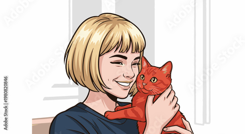 A smiling person with blonde hair holds a red cat gently