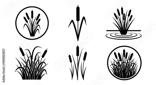 Collection of stylized cattail plant icons in black and white, representing nature and wetland flora