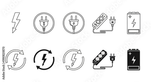 Electric power symbols and icons representing energy, electricity, and charging