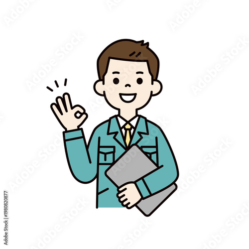 ラップトップを持ってOKサインをする、若い男性作業員・従業員の上半身ベクターイラスト素材