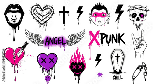 Punk rock and gothic style graphic elements including dripping hearts, skulls, and safety pins for edgy design