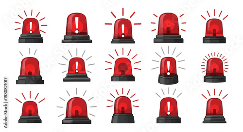 Collection of red siren vector illustrations featuring various alert lights for emergency and security alarm systems