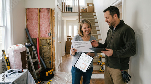 Homeowners review energy retrofit plan during house renovation project