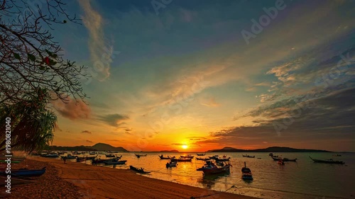 A peaceful twilight scene at Rawai Beach in Phuket. featuring fishing boats anchored along the calm shoreline under a soft purple and blue sky. reflections of lights shimmer on the tranquil water.