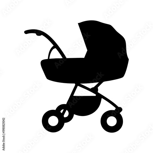 Detailed silhouette of a modern baby stroller design with multiple wheels