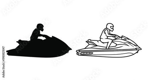 Two jet ski illustrations one solid black one with detailed line work