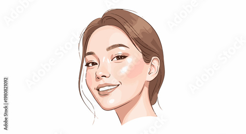 A smiling young woman's portrait with rosy cheeks and brown hair