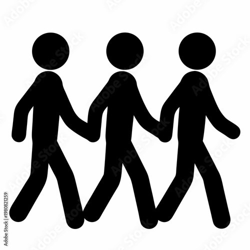 Three stylized stick figures walking side by side holding hands icon