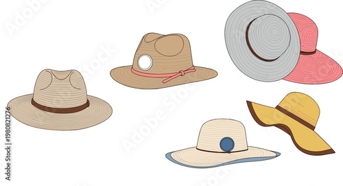Collection of summer hats for women wide brim straw hats stylish beach accessories vector illustration set