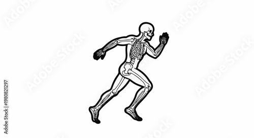 A skeleton in motion, running forward with determination
