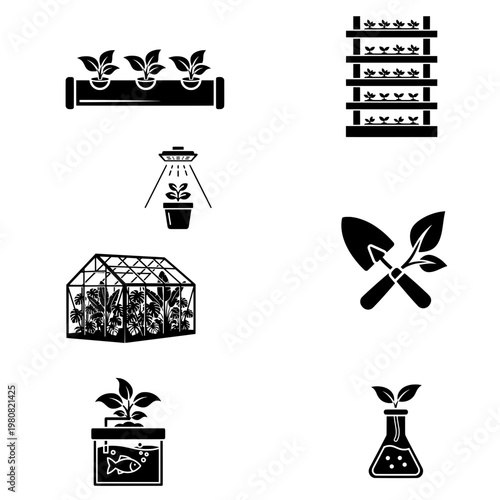 Urban Farming, Hydroponics and Aquaponics Solid Black Vector Icon Set