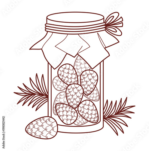 Outline Young Pine Cones In Syrup. Glass Jar With Coniferous Elixir And Craft Paper Cover With Twine And Bow. Homemade Natural Preserve. Line drawing, coloring page. Botanical Vector Illustration.